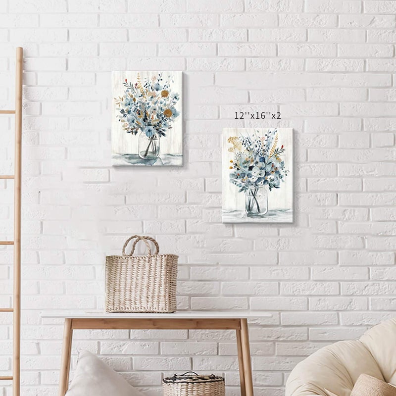 Hardy Gallery Floral Canvas Wall Art Prints: Abstract Blossom Flower Bouquet in Glass Bottle Picture Print on Canvas Small Size for Dining Room (12'' x 16'' x 2 Panels) - Image 2